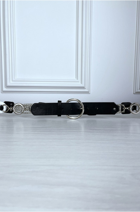 Ceinture noire en simili avec chêne et accessoire argenté - 6