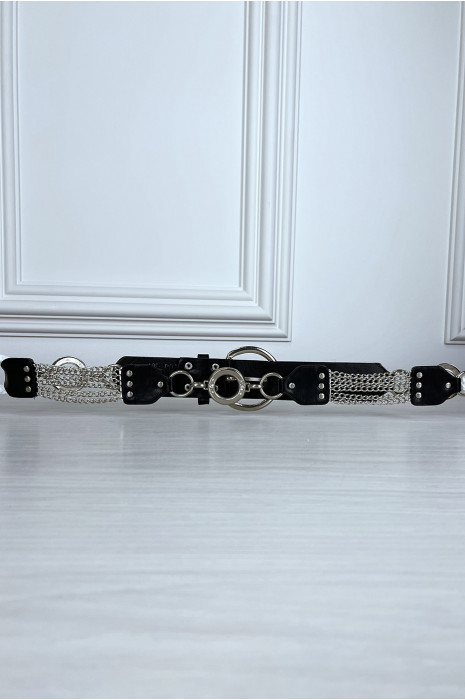 Ceinture noire en simili avec chêne et accessoire argenté - 8