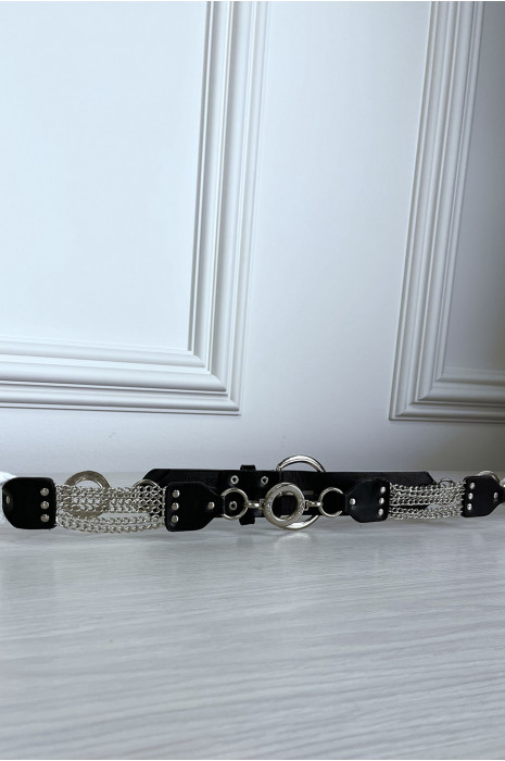Ceinture noire en simili avec chêne et accessoire argenté - 10