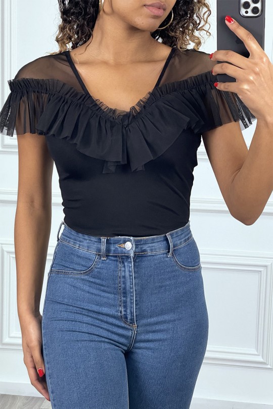 Black lined body with boat neck ruffle on the bust - 1