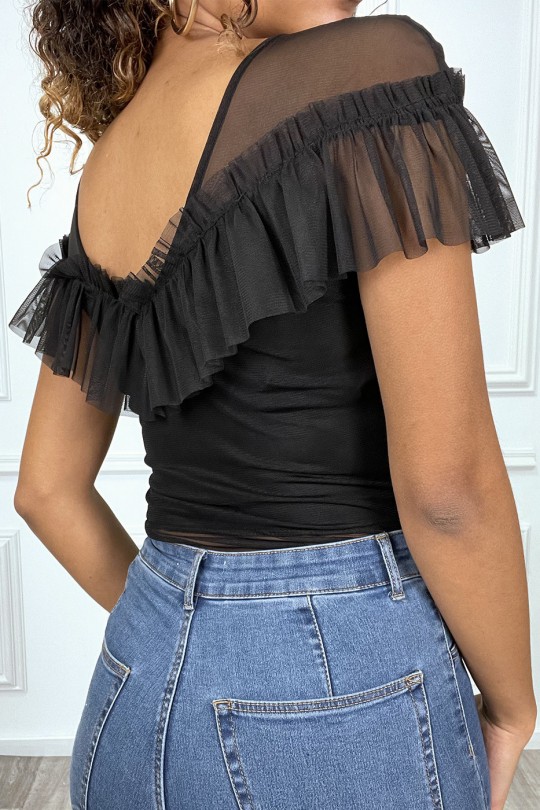 Black lined body with boat neck ruffle on the bust - 2