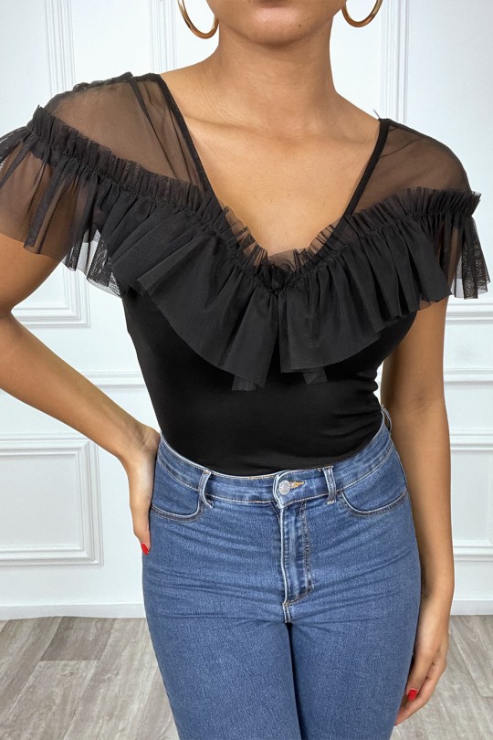 Black lined body with boat neck ruffle on the bust - 3