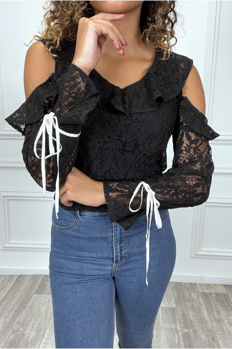 Zwarte kanten toTT met ruche en kant aan de mouwen - 1
