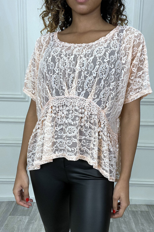 Over size pink lace blouse with embroidery on the front - 1
