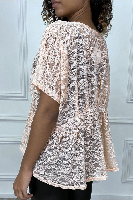Blouse rose over size en dentelle avec broderie à l'avant - 2