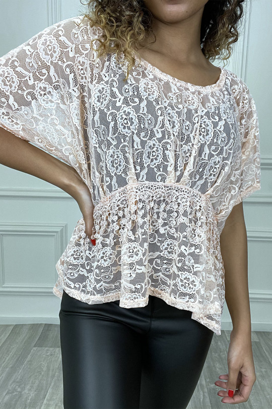Over size pink lace blouse with embroidery on the front - 3