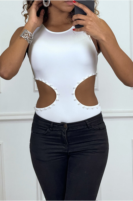 Body blanc avec perles et ouverture sur les cotés - 1