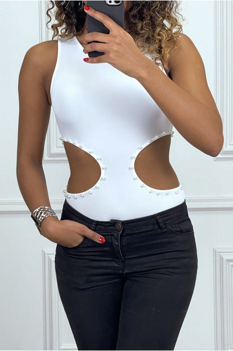 Body blanc avec perles et ouverture sur les cotés - 2