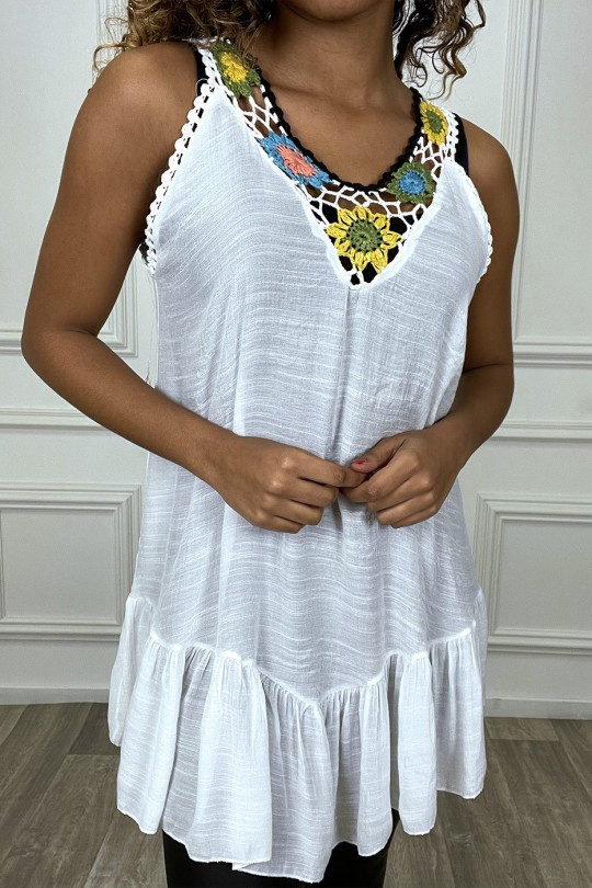 White tunic dress with colorful lace on the straps - 2