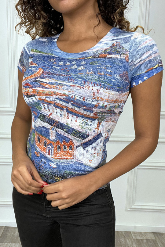 T-shirt marine avec dessin et strass
