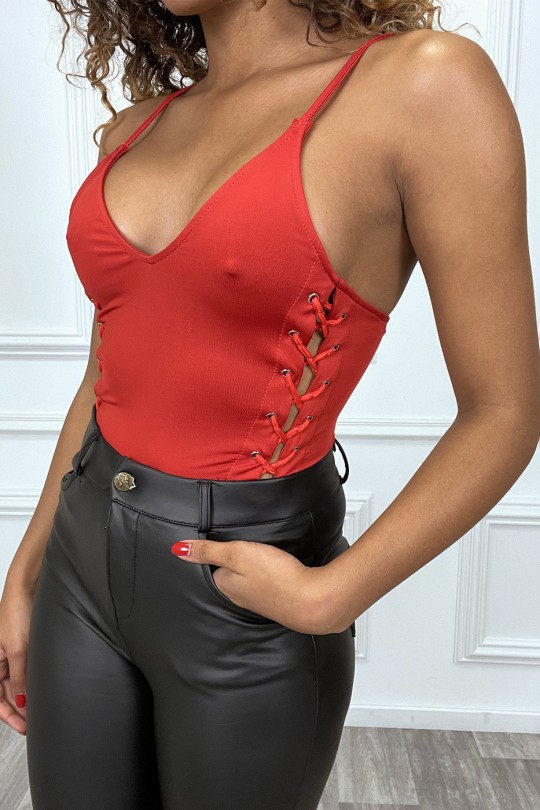 Red lycra strappy bodysuit with laces on the sides - 2