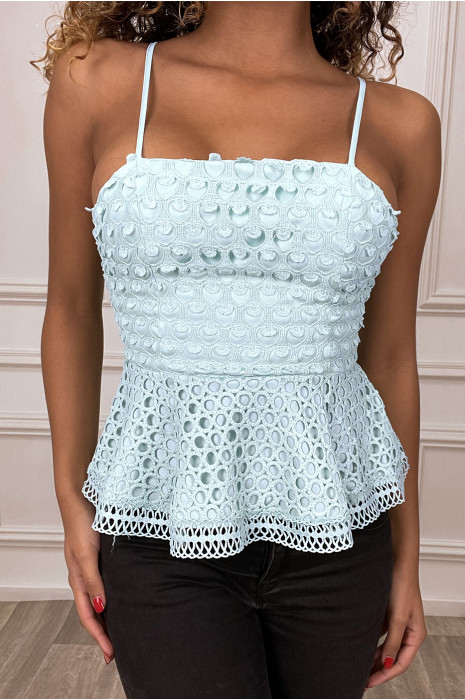 Bustier en dentelle turquoise avec bretelles amovible et volant - 1