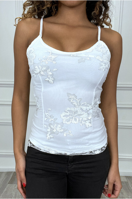 Débardeur blanc doublé avec motif fleurs en sequin - 1
