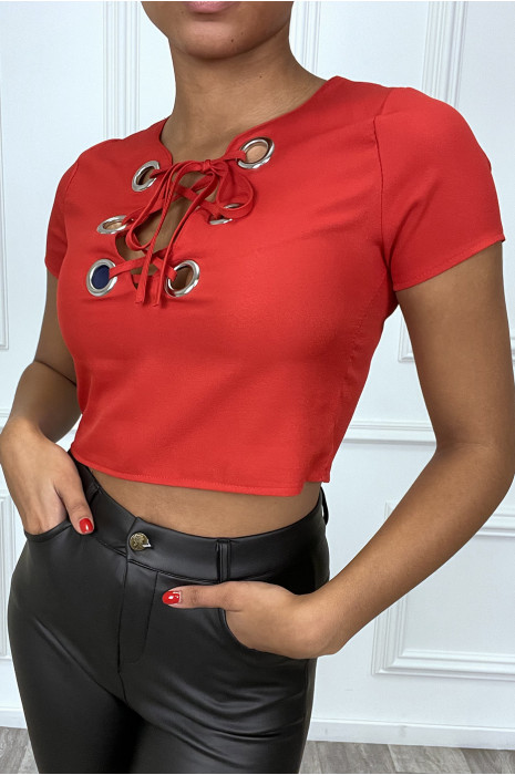 Crop top rouge en col V à lacets - 2