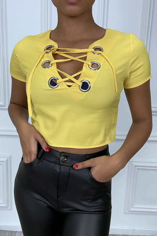 Mustard lace up V-neck crop top - 1