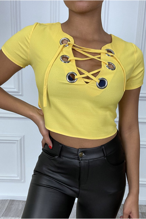 Mustard lace up V-neck crop top - 2