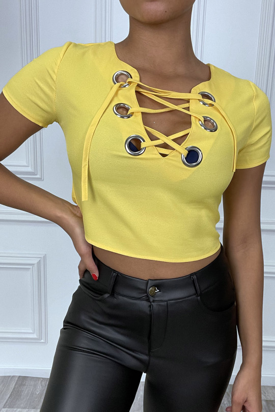 Mustard lace up V-neck crop top - 2