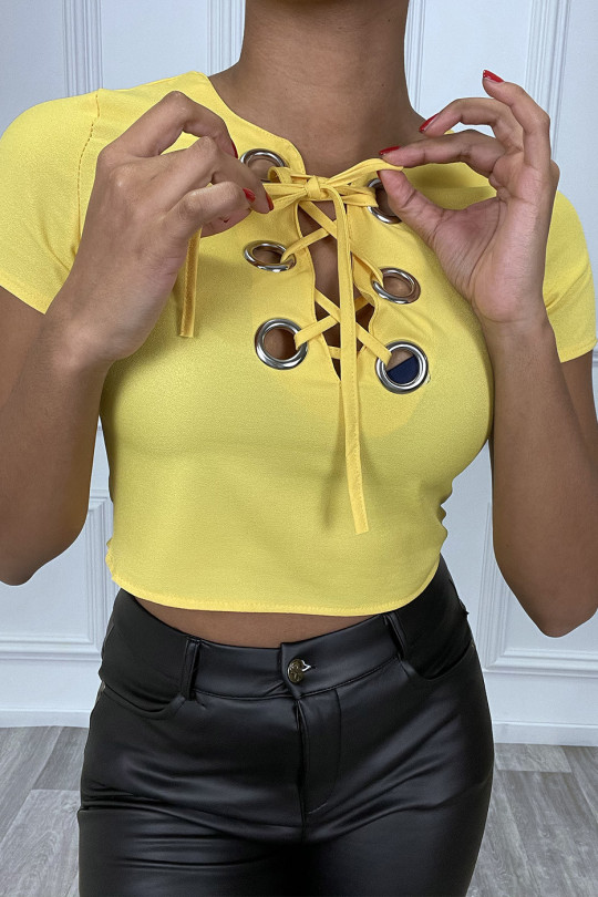 Mustard lace up V-neck crop top - 4