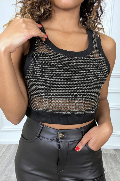 Crop top noir en maille avec fil doré - 2