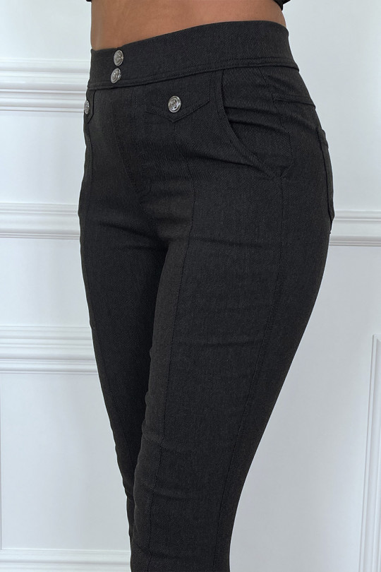 Pantalon slim noir taille haute avec boutons et fausse poche - 4