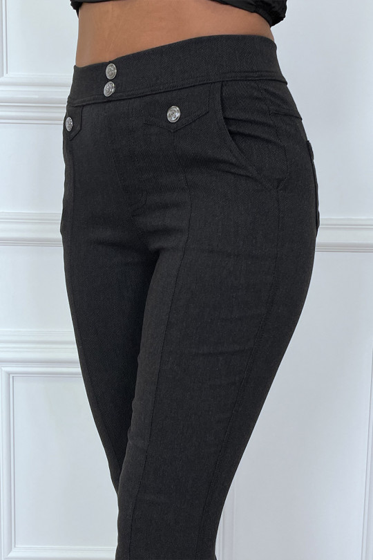 Pantalon slim noir taille haute avec boutons et fausse poche - 5