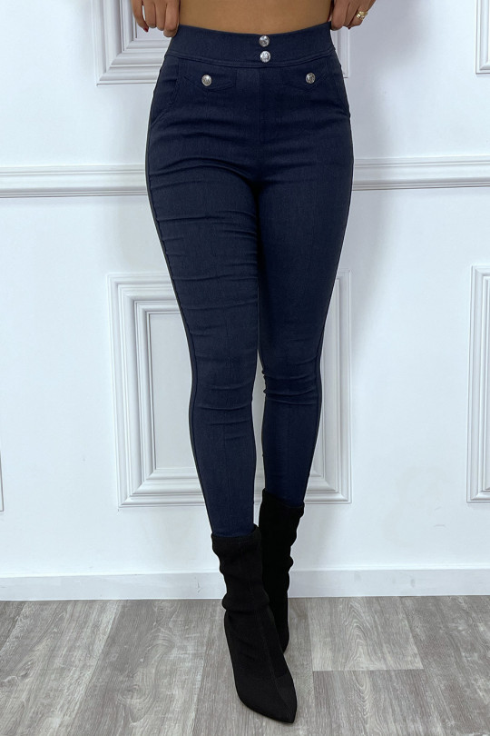 High-waisted slim navy PaHSalon with buttons and fake pocket - 1