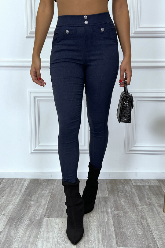 High-waisted slim navy PaHSalon with buttons and fake pocket - 5