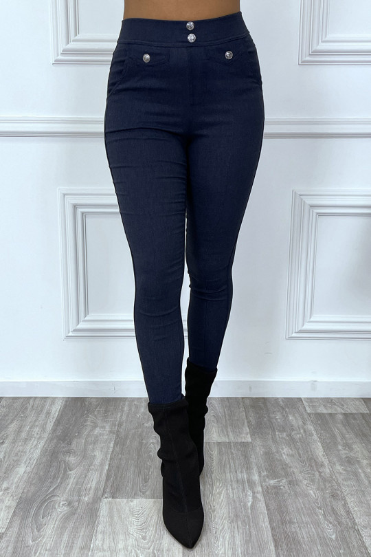 High-waisted slim navy PaHSalon with buttons and fake pocket - 6