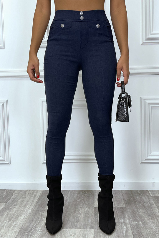 High-waisted slim navy PaHSalon with buttons and fake pocket - 8