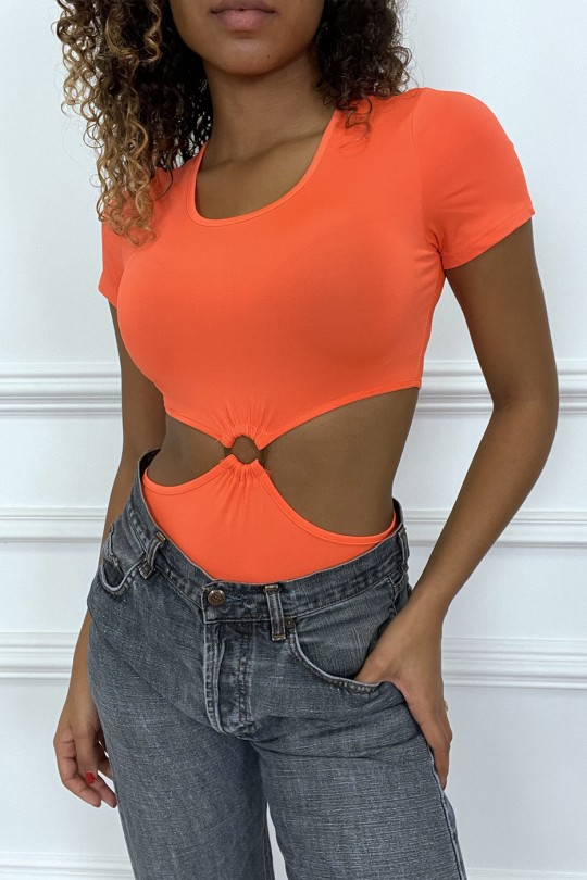 Body orange tee shirt facon trikini avec anneaux - 1