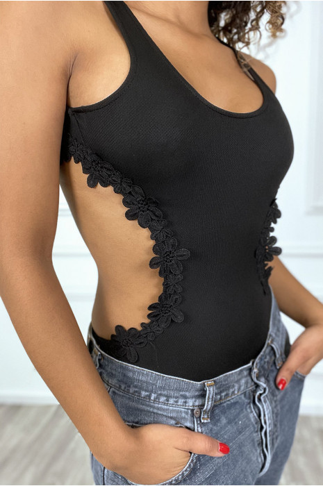 Body noir débardeur à dos nu entouré de fleur - 2