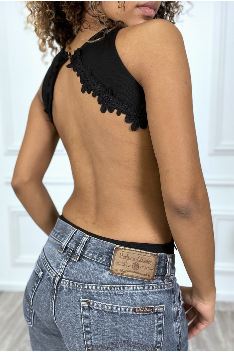 Body noir débardeur à dos nu entouré de fleur - 4