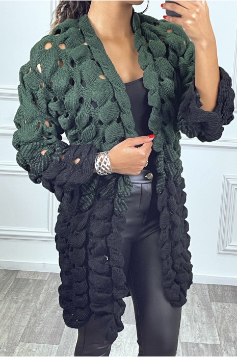 Gilet vert et noir en maille torsadée à relief - 1