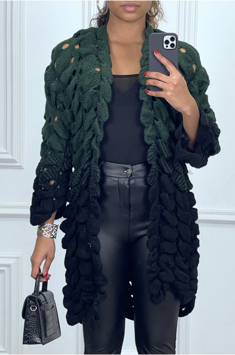 Gilet vert et noir en maille torsadée à relief - 4