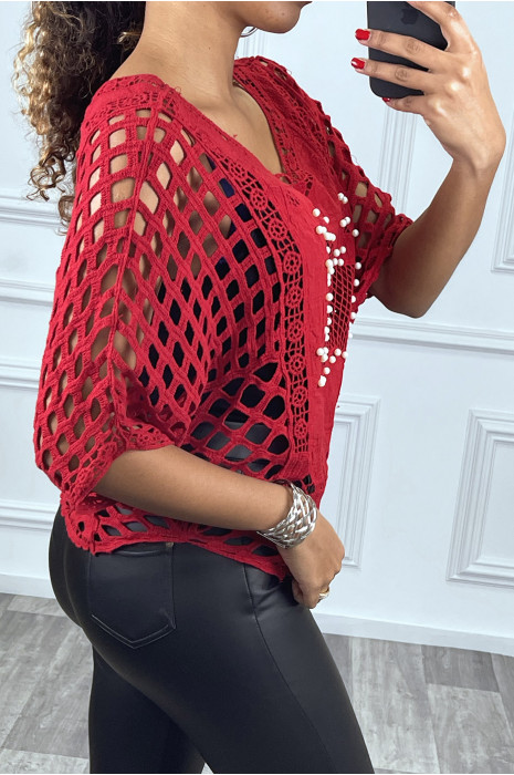 Top rouge effet transparent serti de perles - 3