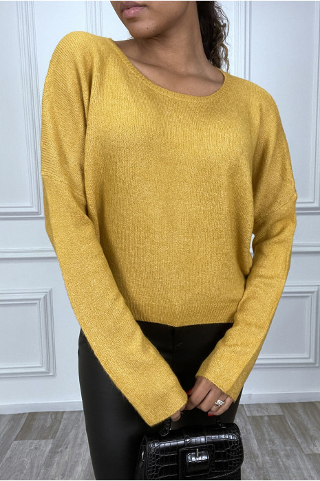 Pull moutarde duveteux en fine maille torsadée. Pull moutarde pour femme - 2