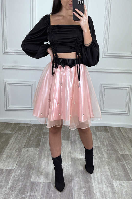 Pink flared tulle skirt with pearls - 2