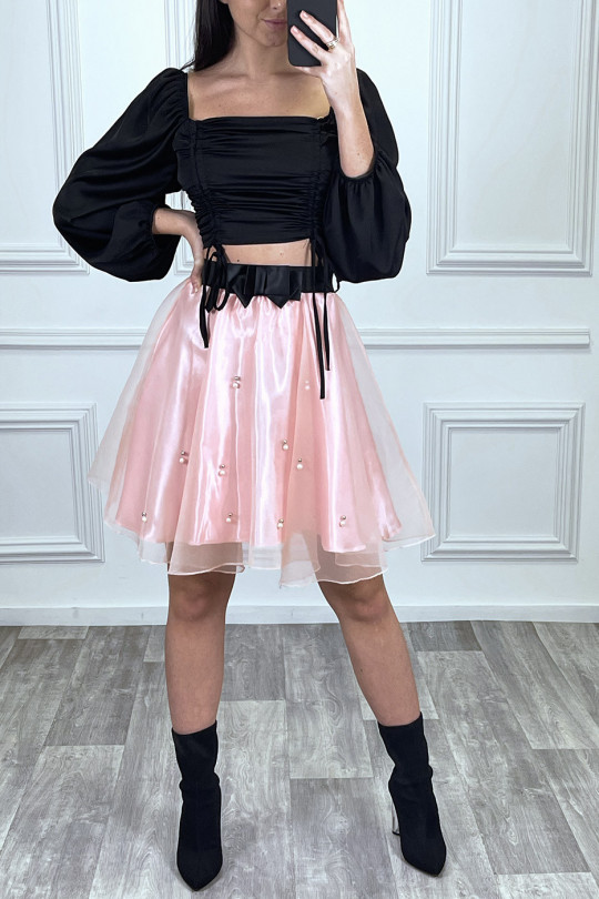 Pink flared tulle skirt with pearls - 4