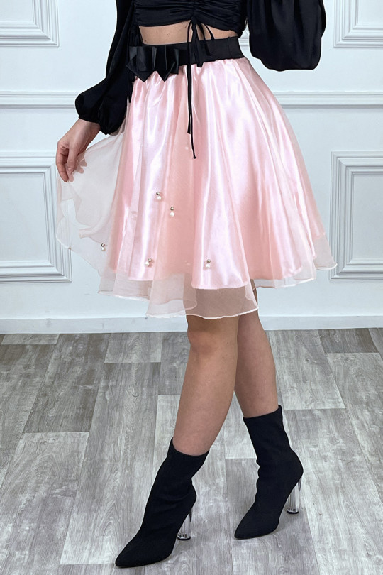 Pink flared tulle skirt with pearls - 5
