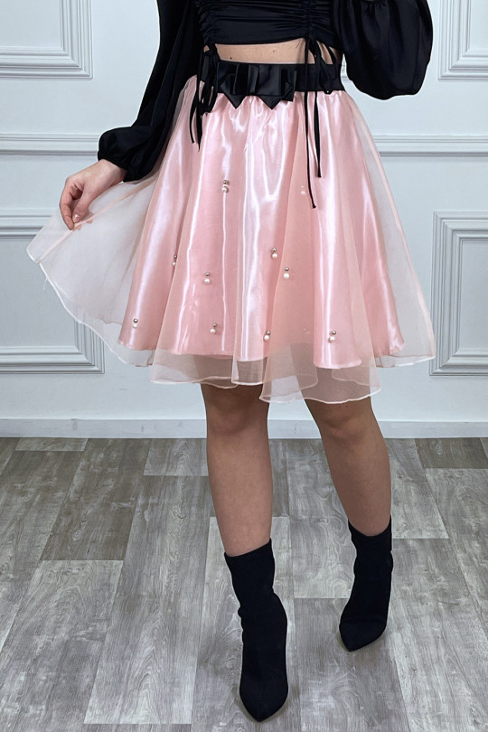 Pink flared tulle skirt with pearls - 6