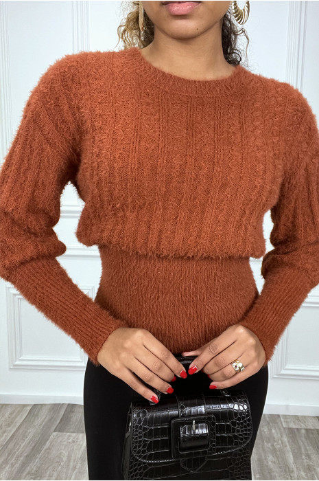 Zeer zachte cognac sweater met open rug en strik - 1