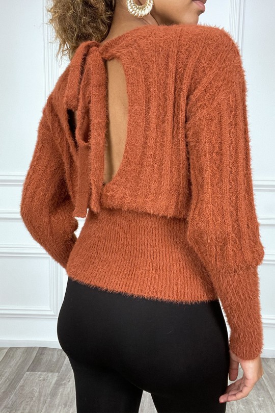 Very soft cognac sweater with open back and bow - 2