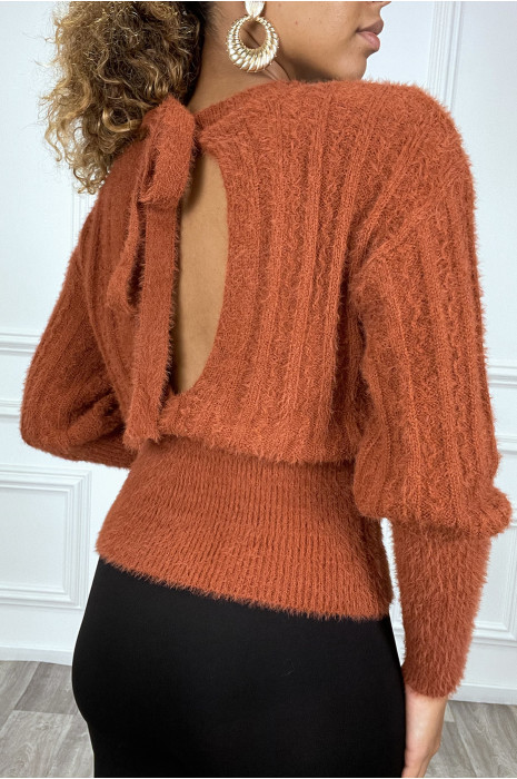 Zeer zachte cognac sweater met open rug en strik - 5