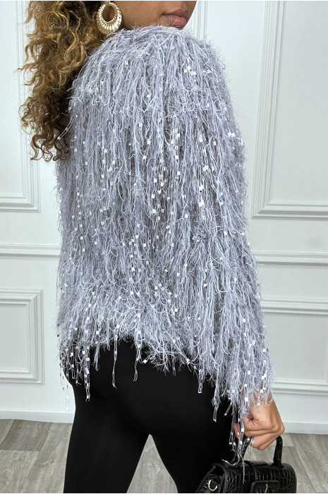 Pull gris en laine à grosse frange duveteuse. Pull femme chic et original - 3