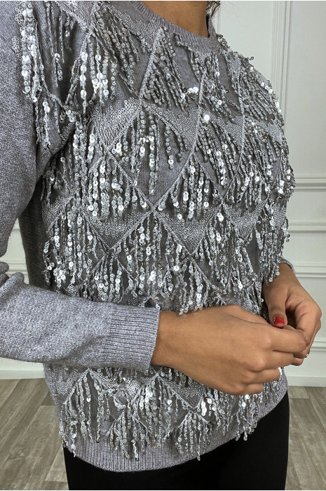 Grijze sweater met franjes aan de voorkant - 3