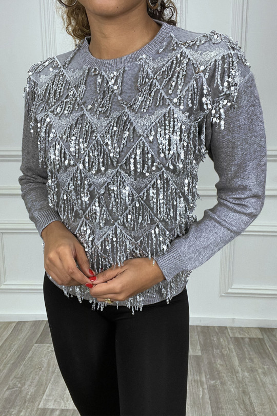 Gray sweater with sequin fringe on the front - 4