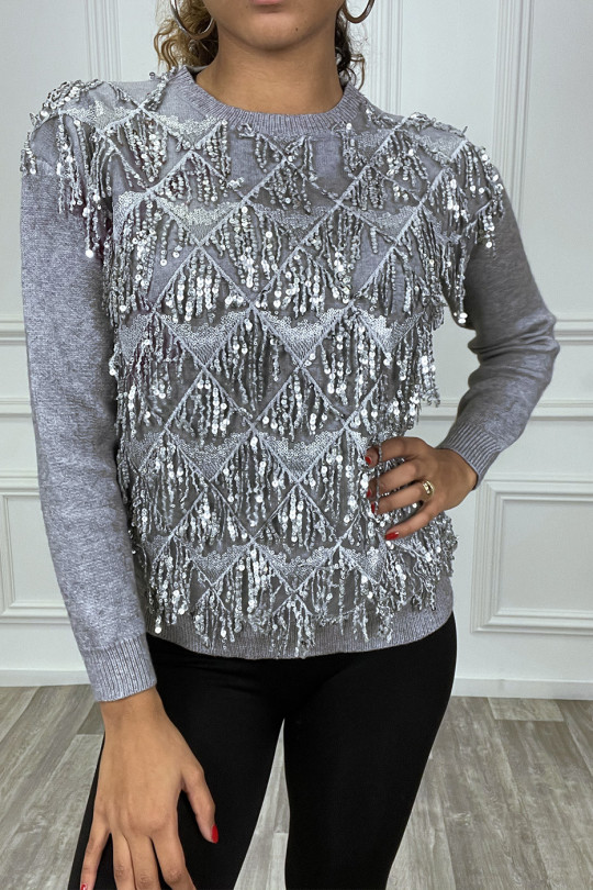 Gray sweater with sequin fringe on the front - 5