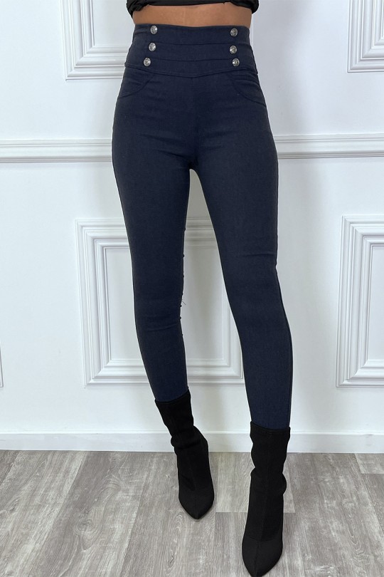 Navy high waist slim pants with buttons at the waist - 1