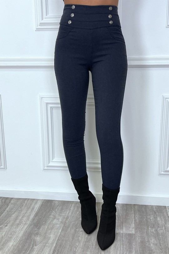 Navy high waist slim pants with buttons at the waist - 2
