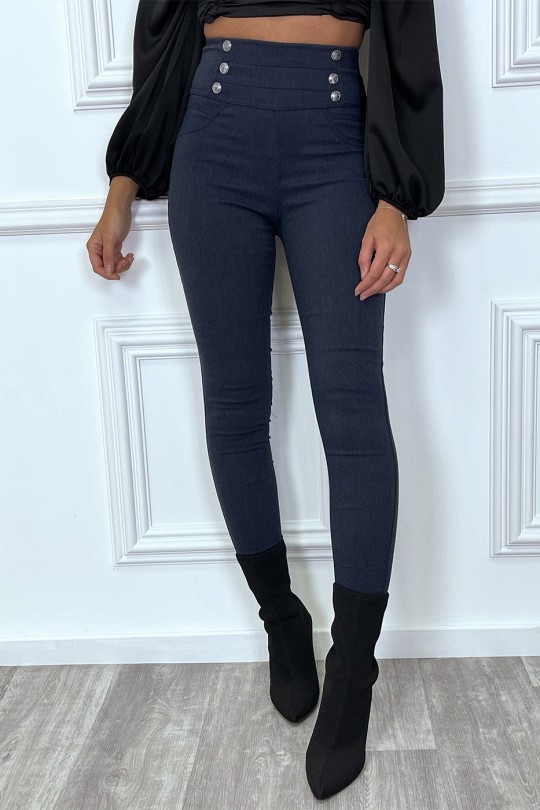 Navy high waist slim pants with buttons at the waist - 4